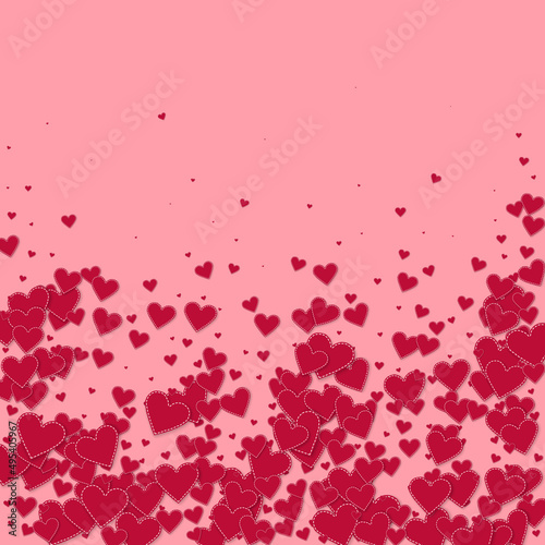 Red heart love confettis. Valentine's day falling rain juicy background. Falling stitched paper hearts confetti on pink background. Creative vector illustration.