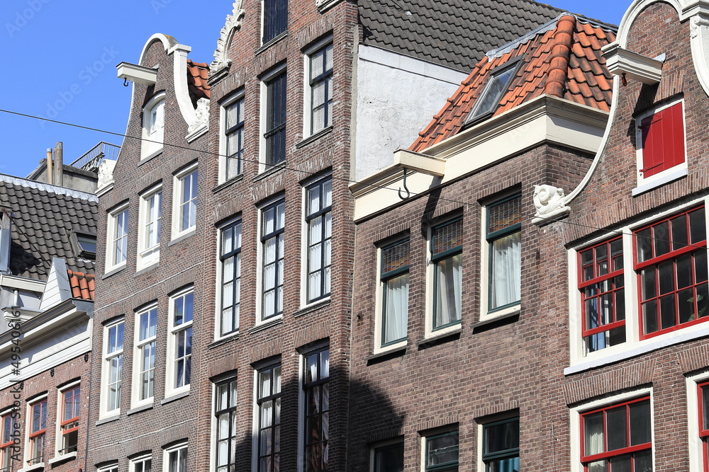 Amsterdam Haarlemmerstraat Historic Brick House Facades Close Up, Netherlands