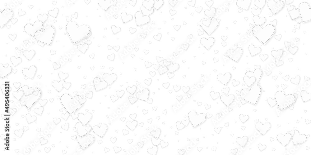 White heart love confettis. Valentine's day falling rain incredible background. Falling stitched paper hearts confetti on white background. Enchanting vector illustration.