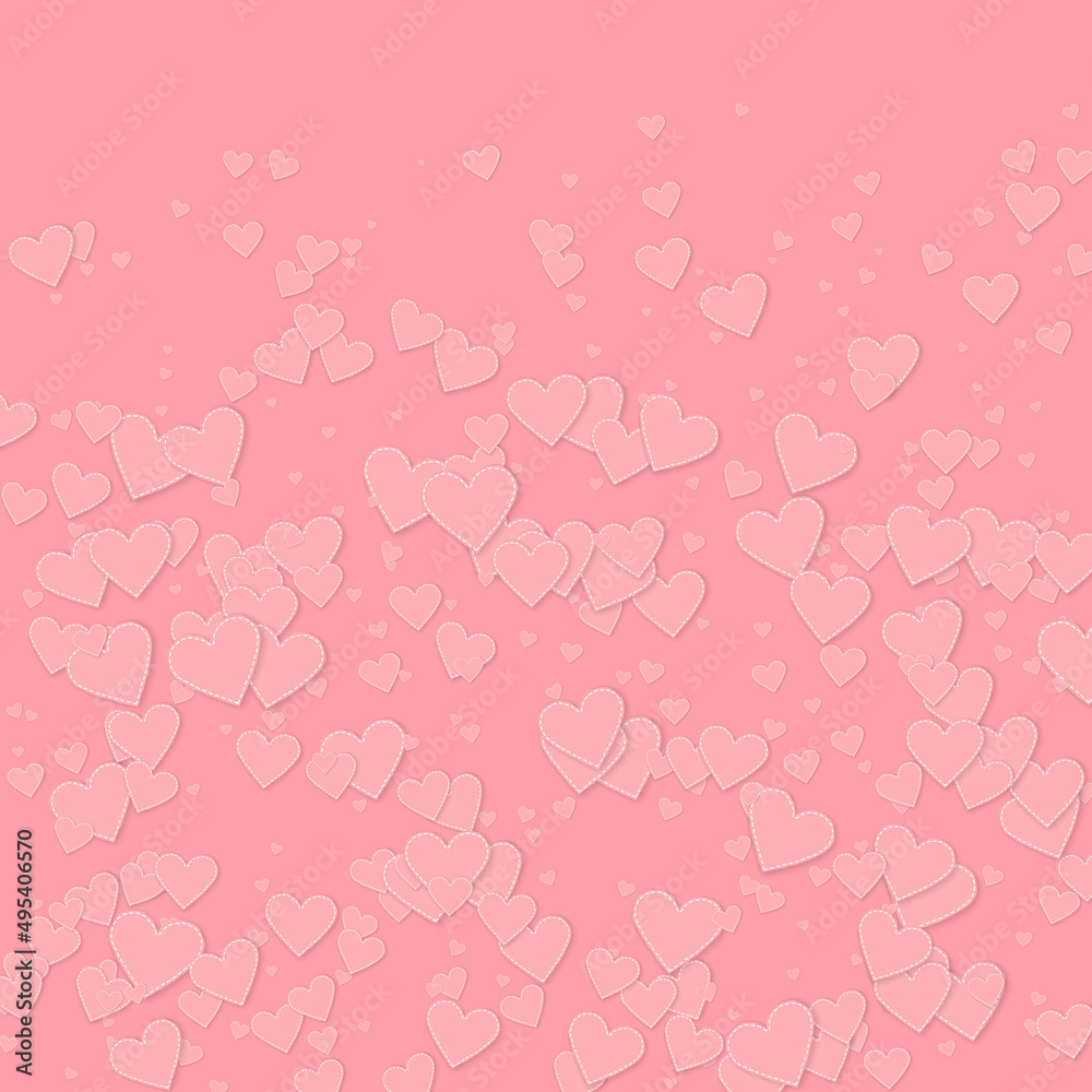 Pink heart love confettis. Valentine's day gradient modern background. Falling stitched paper hearts confetti on pink background. Cute vector illustration.