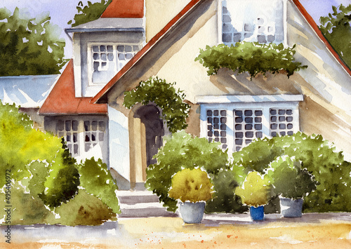 Watercolor illustration of a beautiful cottage with a red roof and mullioned windows, immersed in a dense green garden photo