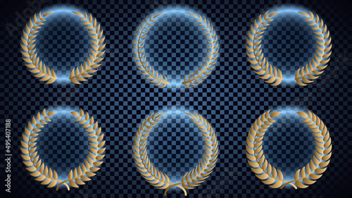 A set of golden laurel wreaths with blue shining.