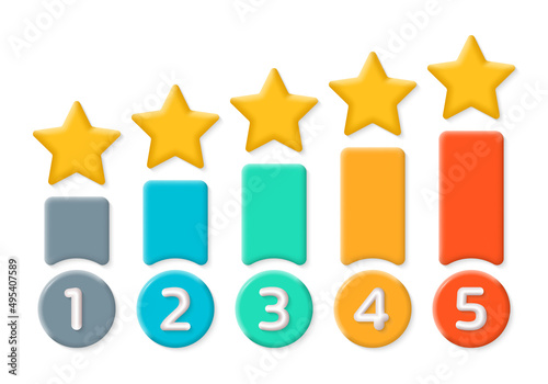 Star rating 3d design. Feedback concept. Bar chart graph with 5 stars for review, rate, rank. Customer ranking, best choice concept. Vector illustration.