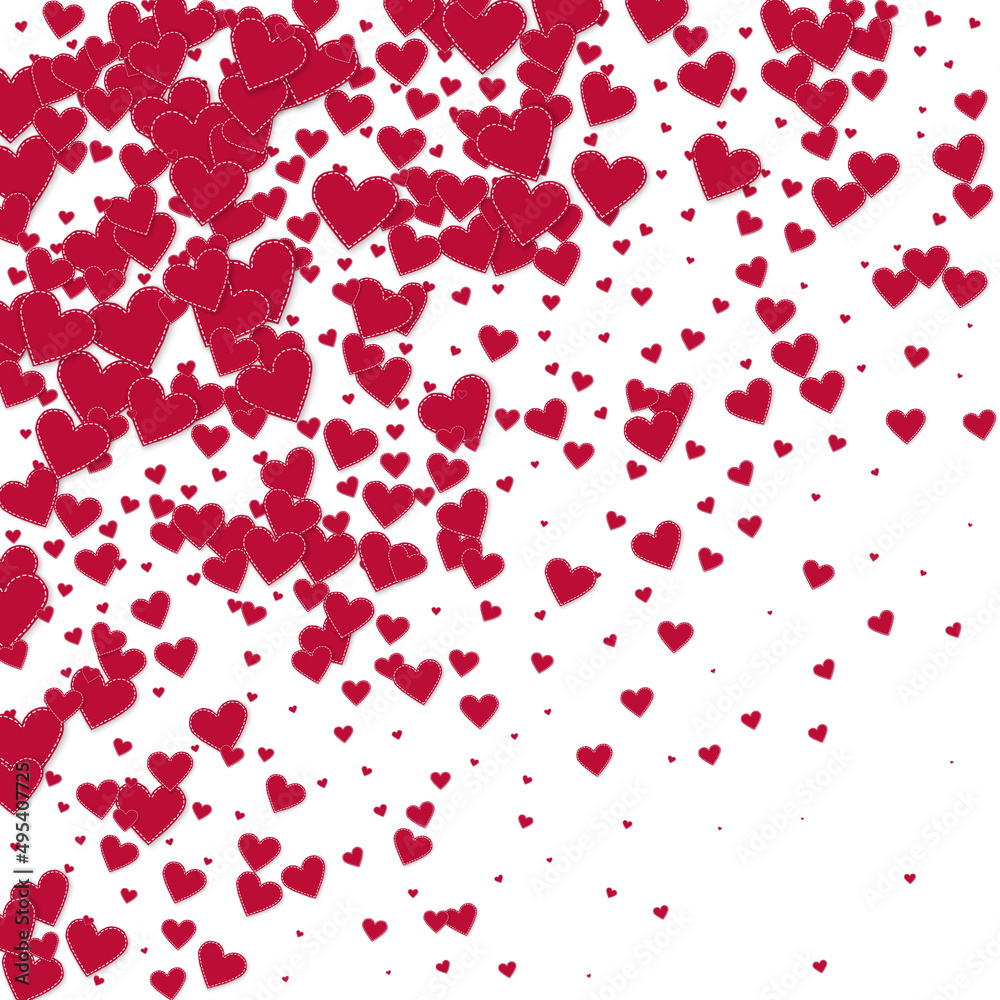 Red heart love confettis. Valentine's day gradient adorable background. Falling stitched paper hearts confetti on white background. Dazzling vector illustration.