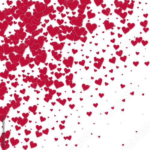 Red heart love confettis. Valentine's day gradient adorable background. Falling stitched paper hearts confetti on white background. Dazzling vector illustration.