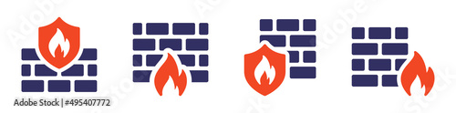 Firewall icon collection. Brick wall and fire icon set. Internet security concept.