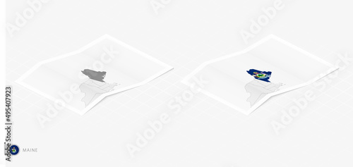 Set of two realistic map of Maine with shadow. The flag and map of Maine in isometric style. photo