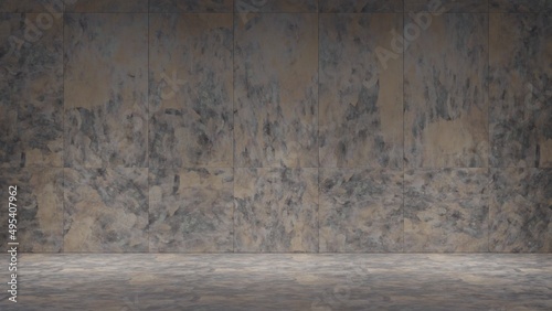 Rustic metal wall on metal ground with ray of spot light.
3d illustration.