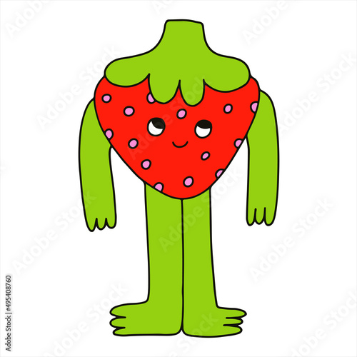 vector character - psychedelic 70s strawberry. Mascot of a berry with a face. Funky and groovy dude. trippy art. Organic funny logo. Good vibes only. Crazy funny hand drawn fruit