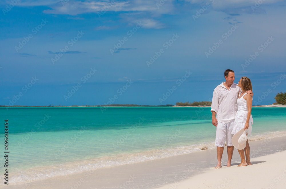 Loving Caucasian couple happiness on beach holiday resort Loving Caucasian couple happiness on beach holiday resort