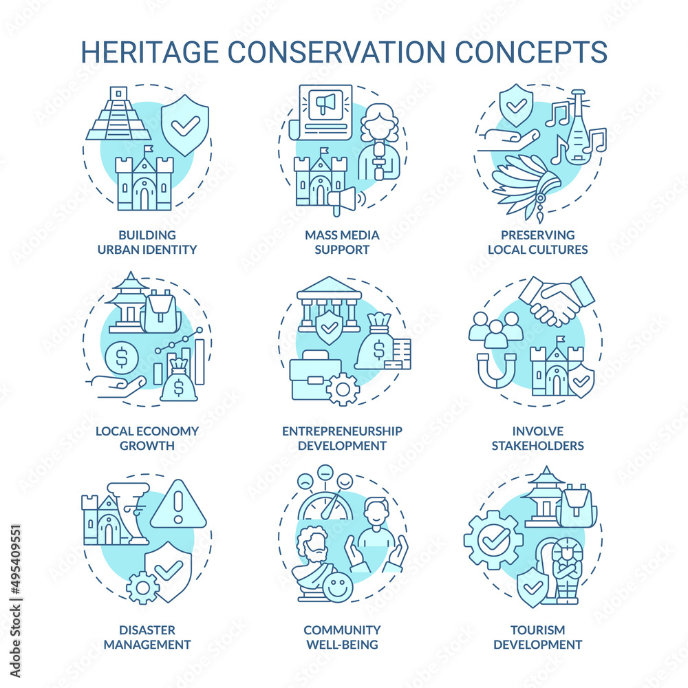 Heritage conservation turquoise concept icons set. Saving cultural artifacts strategy idea thin line color illustrations. Isolated symbols. Editable stroke. Roboto-Medium, Myriad Pro-Bold fonts used