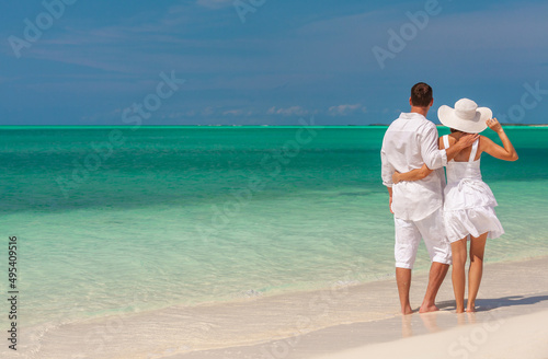 Romantic Caucasian couple closeness on tropical vacation together