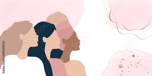 woman social network community. group of multi ethnic racial women who talk and share ideas, information. communication and friendship between women of diverse cultures. female head silhouette profile