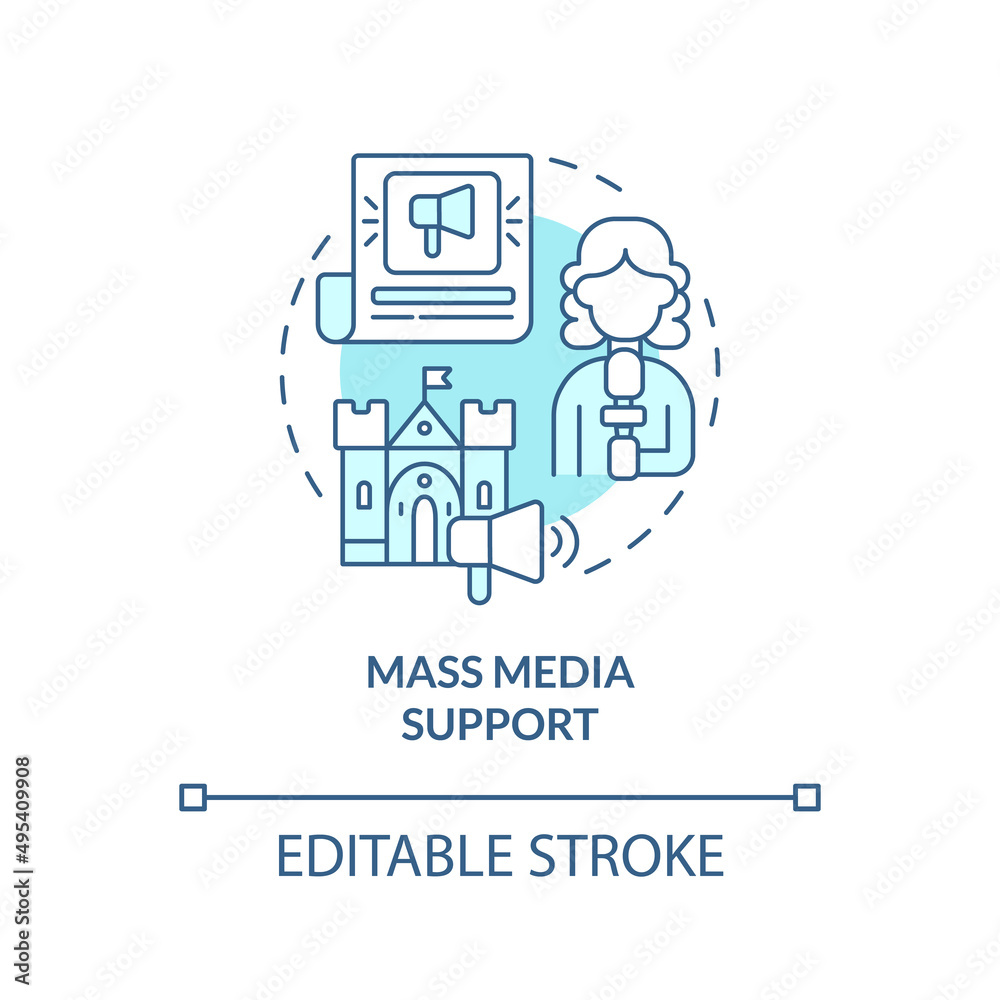 Mass media support turquoise concept icon. Heritage promotion. Developmental activity abstract idea thin line illustration. Isolated outline drawing. Editable stroke. Arial, Myriad Pro-Bold fonts used