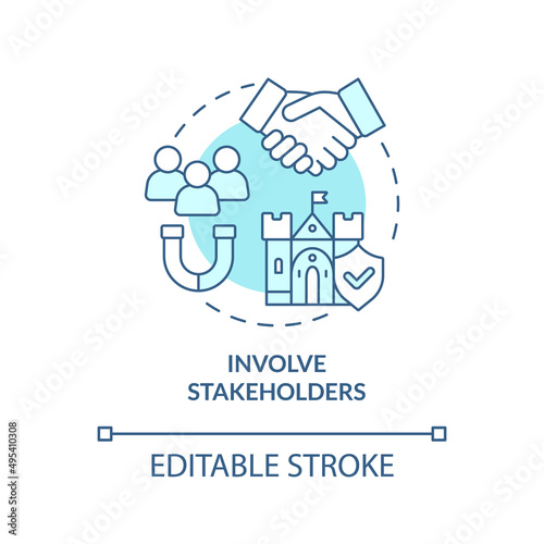 Involve stakeholders turquoise concept icon. Principle of heritage conservation abstract idea thin line illustration. Isolated outline drawing. Editable stroke. Arial, Myriad Pro-Bold fonts used