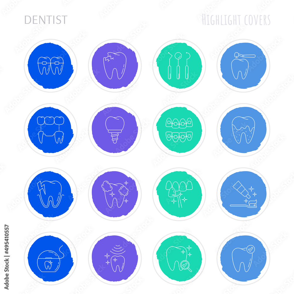 Dentist cabinet: dental instruments, toothbrush and toothpaste, caries, veneers, tooth whitening, implant, calculus, orthodontics. Highlights for stories. Thin line icons set, vector illustration.