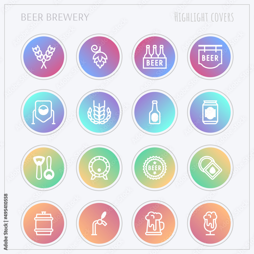 Beer brewery thin line icons set: manufacturing, craft, tap, mug, tulip pint, wheat, hop, bottle opener, barrel. Highlights for stories. Vector illustration for bar or restaurant. Beer brewery thin line icons set: manufacturing, craft, tap, mug, tulip pint, wheat, hop, bottle opener, barrel. Highlights for stories. Vector illustration for bar or restaurant.