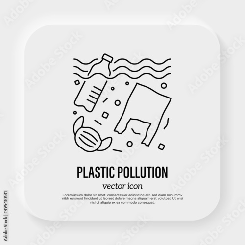 Plastic pollution. Plastic bottle, plastic bottle and medical mask in ocean or sea. Thin line icon. Overconsumption. Trash under water. Vector illustration.