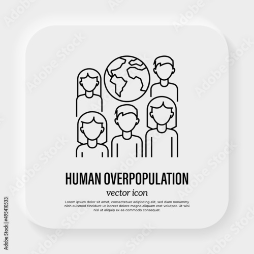 Human overpopulation thin line icon. People around the planet. Overcrowding. Ecological problem. Vector illustration.