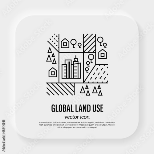 Global land use thin line icon. Deforestation, agriculture, industrial damage, livestock, overpopulated cities. Vector illustration.