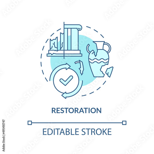 Restoration turquoise concept icon. Fixing process. Heritage objects preservation abstract idea thin line illustration. Isolated outline drawing. Editable stroke. Arial, Myriad Pro-Bold fonts used