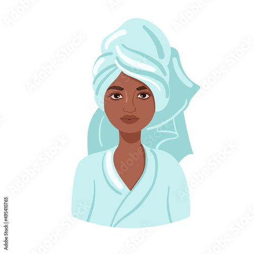 African American woman wearing a bathrobe. Beauty procedures concept. Girl in spa salon. Vector illustration. 