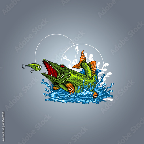 Illustration with with a pike on the hunt. Hand-drawn style image for printing on T-shirts.