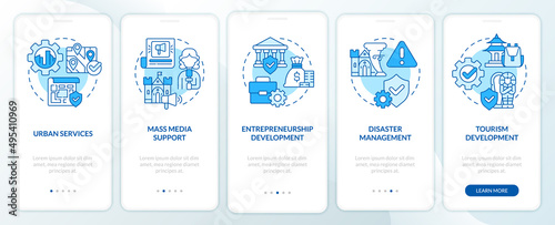 Developmental activities blue onboarding mobile app screen. Heritage walkthrough 5 steps graphic instructions pages with linear concepts. UI, UX, GUI template. Myriad Pro-Bold, Regular fonts used