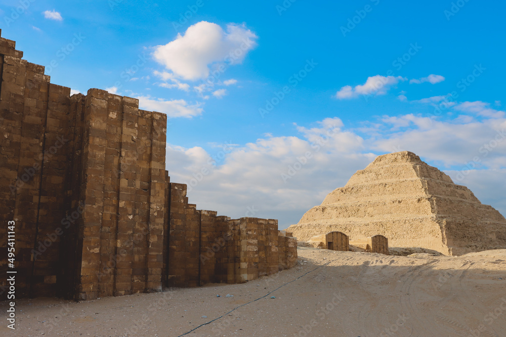 Ancient Ruins and Columns near the Funerary complex and Stepped Pyramid of Djoser at Saqqara, Egypt