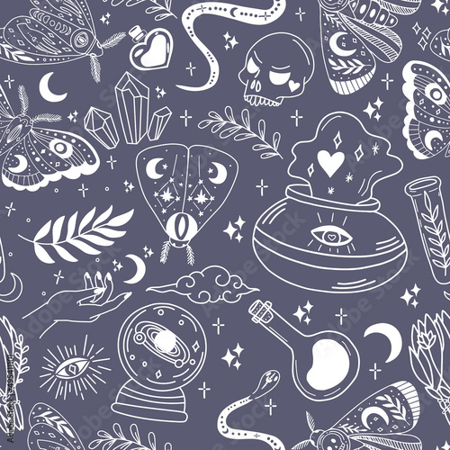 Witchcraft and magic seamless pattern made with various elements. Fortune telling and astrology. Mystic vibes, enigma.