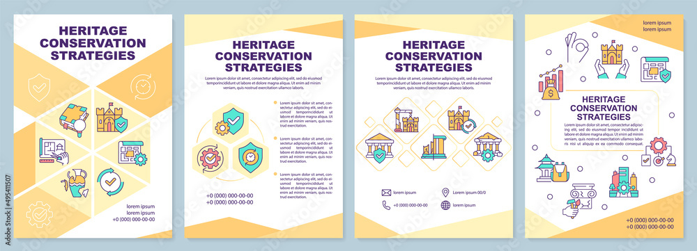 Heritage conservation strategies yellow brochure template. Leaflet design with linear icons. 4 vector layouts for presentation, annual reports. Arial-Black, Myriad Pro-Regular fonts used