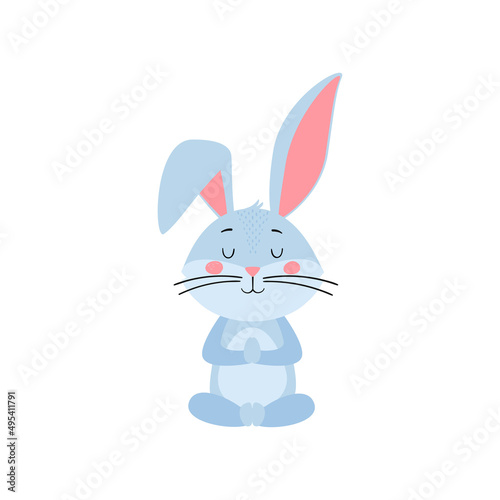 Cute cartoon rabbit or hare. Bunny in yoga pose. Printing for children's T-shirts, greeting cards, posters. Hand-drawn vector stock illustration isolated on a white
