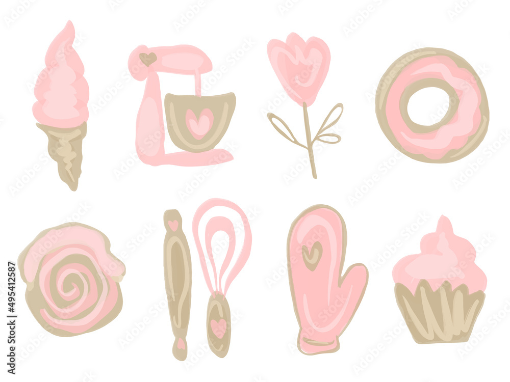 Vector Hand drawn isolated design elements set for bakery. Kitchen pastry tools set. Watercolor collection of sweet cakes and donuts. Vector Hand drawn isolated design elements set for bakery. Kitchen pastry tools set. Watercolor collection of sweet cakes and donuts.