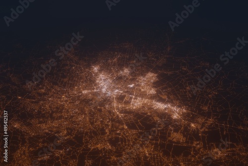 Aerial shot of Kharkiv (Ukraine) at night, view from south. Imitation of satellite view on modern city with street lights and glow effect. 3d render