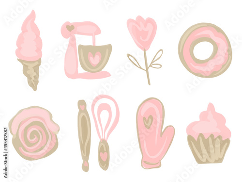 Vector Hand drawn isolated design elements set for bakery. Kitchen pastry tools set. Watercolor collection of sweet cakes and donuts.
