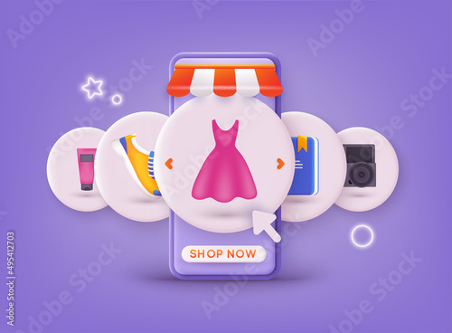 Online shopping on application and website concept, digital marketing online, shopping cart with new items on smartphone screen. 3D Web Vector Illustrations.