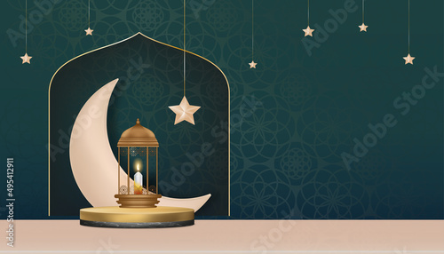 Islamic Podium with Traditional islamic lantern with Crescent moon,Star hanging on green background, Vector Backdrop of Religion of Muslim Symbolic,Eid al fitr, Ramadan Kareem,Eid al Adha,Eid Mubarak