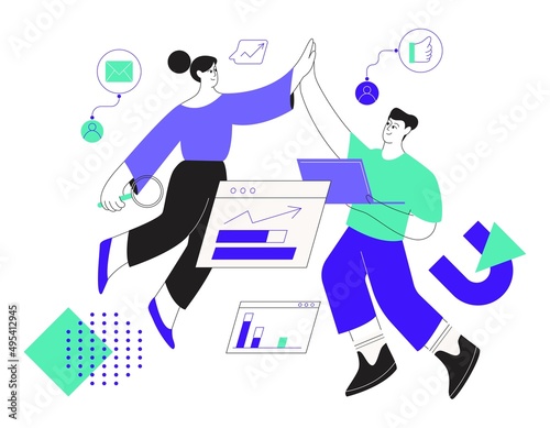 People working on a digital marketing strategy, doing research and collecting data. Vector illustration in flat style and outline style