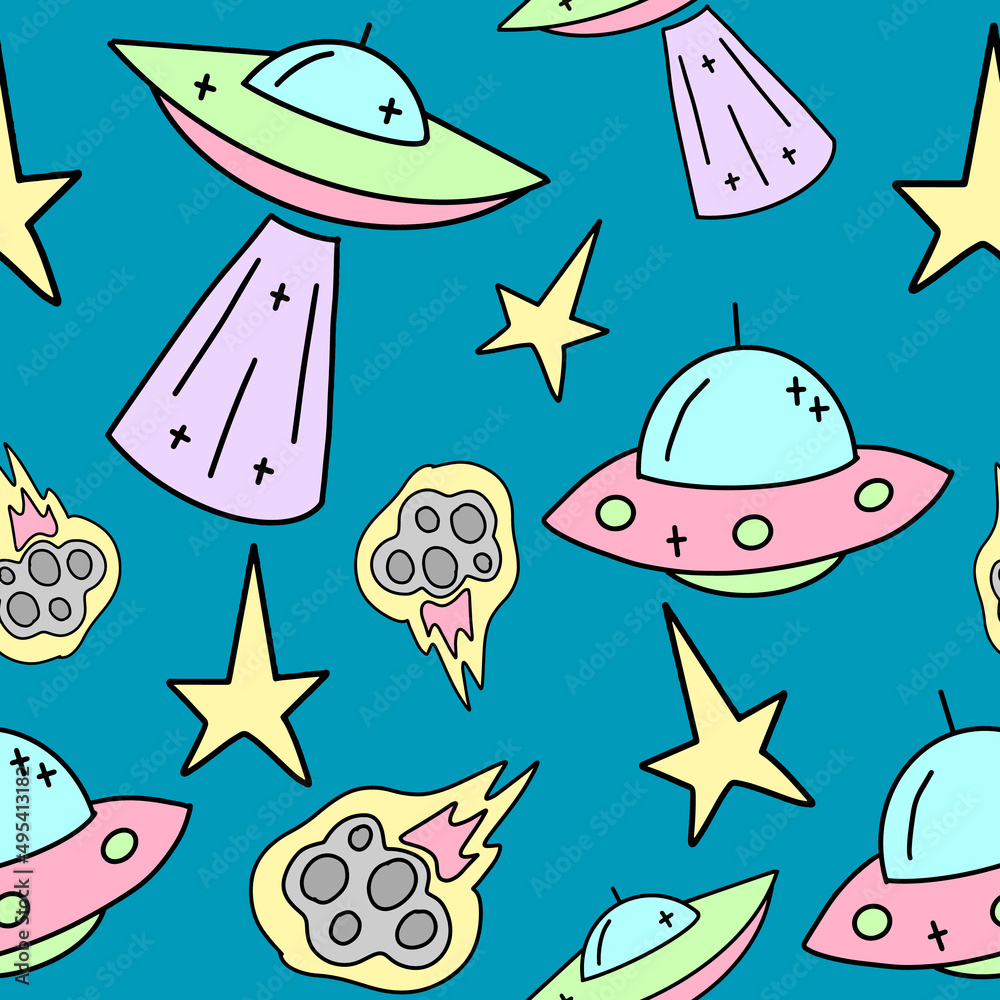 Fototapeta premium Vector Seamless childish space pattern with rockets, asteroids and ufo.