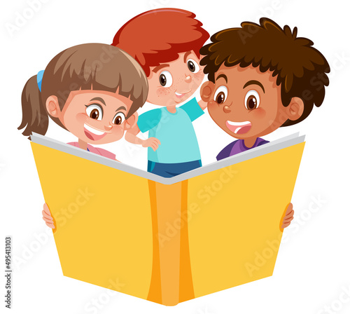 Three young children reading a book on white background