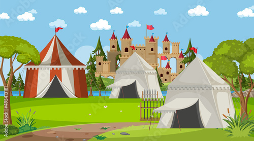 Medieval town scene camp with tents and castle