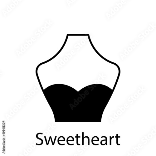 Sweetheart of Fashion Neckline Type for Women Blouse, Dress Silhouette Icon. Black T-Shirt, Crop Top on Dummy. Trendy Ladies Sweetheart Type of Neckline. Isolated Vector Illustration