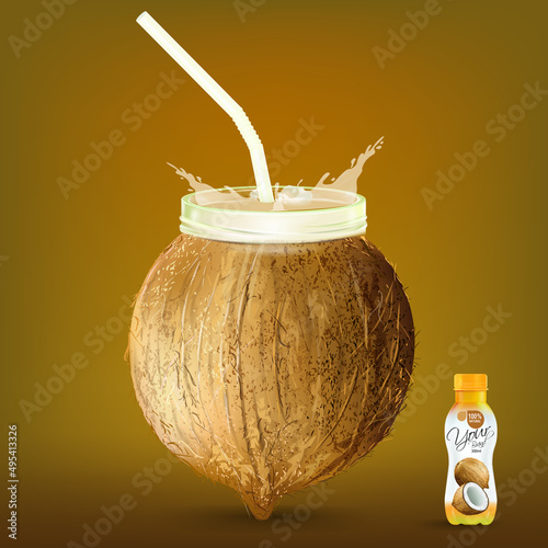Coconut  water bottle with splashing straw.illustration vector