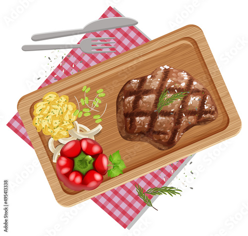 Top view of meat steak on wooden tray