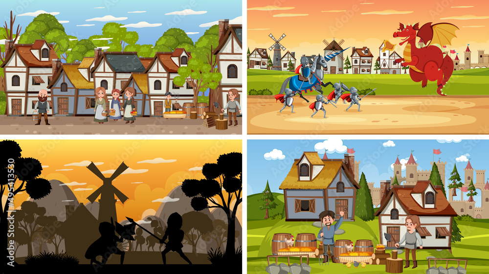 Set of different scene medieval with silhouette