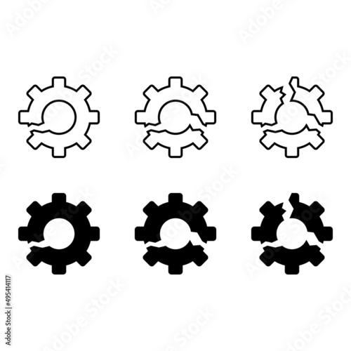 Broken gears icon set. Broken cog