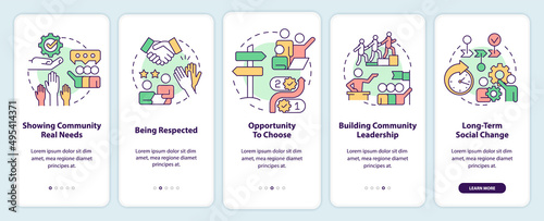 Reasons for participation onboarding mobile app screen. Social planning walkthrough 5 steps graphic instructions pages with linear concepts. UI, UX, GUI template. Myriad Pro-Bold, Regular fonts used photo