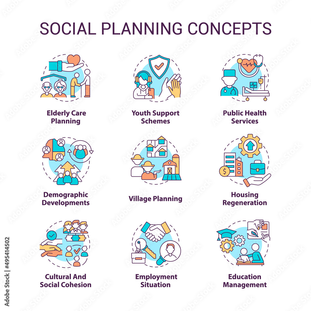 Social planning concept icons set. Society issues and concerns. Community changes idea thin line color illustrations. Isolated symbols. Editable stroke. Roboto-Medium, Myriad Pro-Bold fonts used