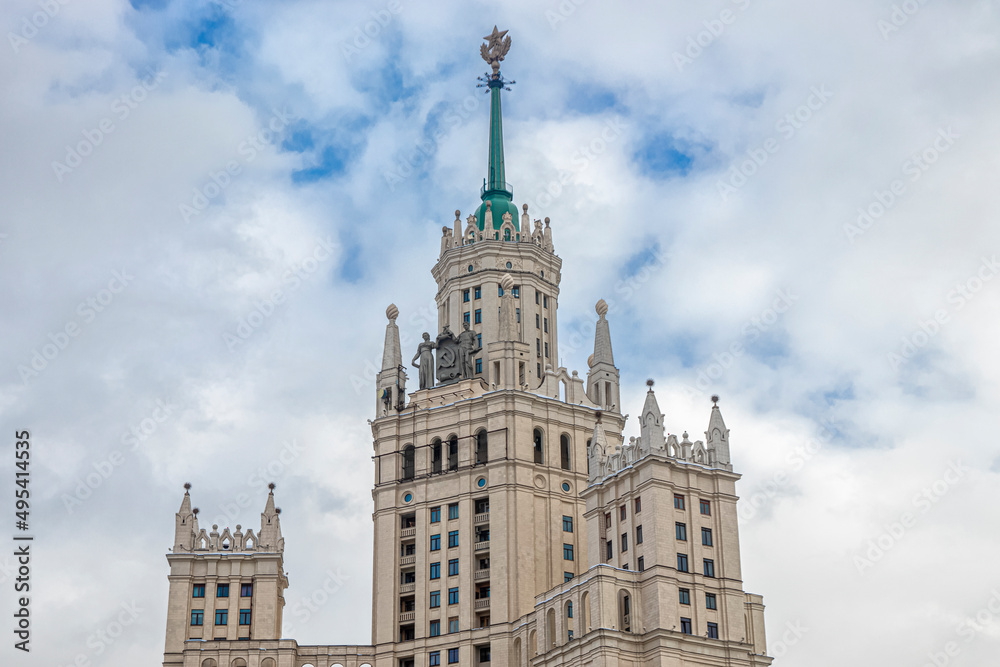 Tower of a skyscraper with a star, in the style of the Stalinist Empire