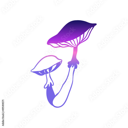 Magic mushrooms. Psychedelic hallucination. Gradient colorful vector illustration isolated on white. 60s trippy hippie art.